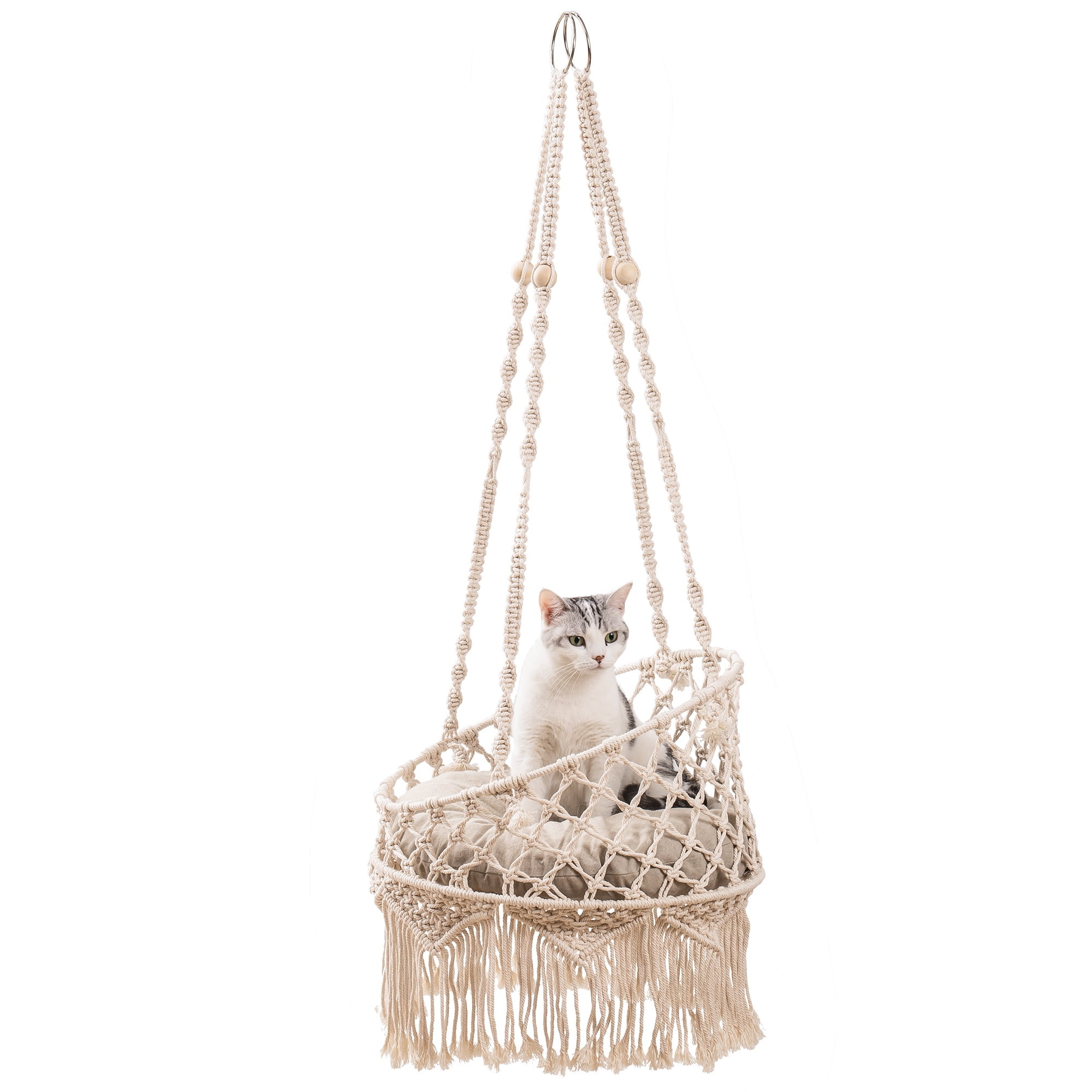 Pefilos Foldable Cat Hammock Bed with Macrame Design, Double Steel Hoop Base, and Cotton Pad for hanging and Assembly Window or Living Room Decor for Small & Medium Cats, Beige Pefilos Foldable Cat Hammock Bed with Macrame Design, Double Steel Hoop Base, and Cotton Pad for hanging and Assembly Window or Living Room Decor for Small & Medium Cats, Beige