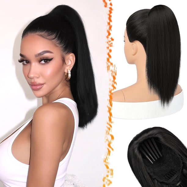 Yanonmyfd Black Straight Drawstring Ponytail Extension - 28 Inch Long Straight Drawstring Ponytail Extension Natural Looking Fluffy Soft Synthetic Cheer Posh Pony Tails Hairpieces Daily Party