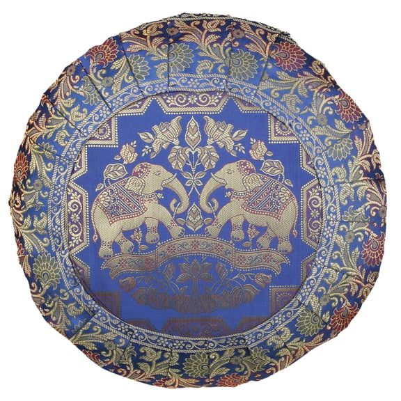 Stylo Culture Ethnic Brocade Living Room Throw Pillow Sham Cover Royal Blue 17x17 Traditional Jacquard Weave Pleated Border Sofa Cushion Cover 43 x 43 cm Satin Elephant Round Pillow Case | 1 Pc