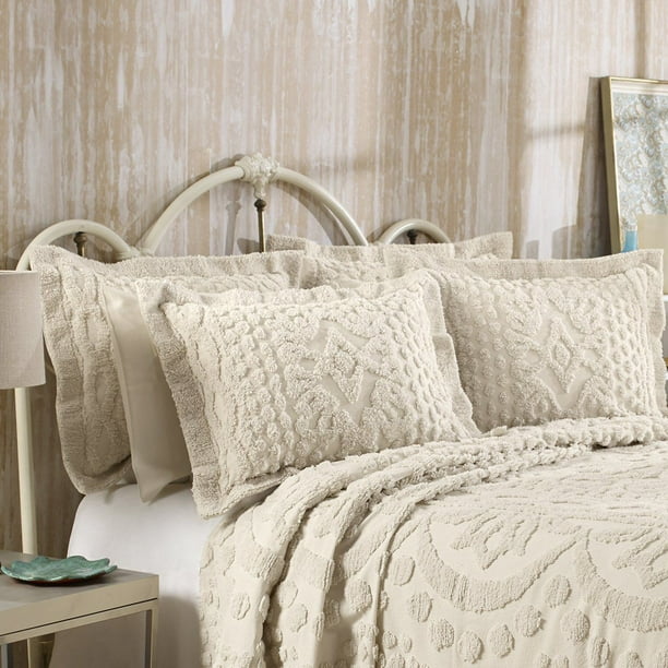 KINGSTON TUFTED CHENILLE BEDSPREAD AND PILLOW SHAM SET, ALL COTTON, QUEEN  SIZE, BEIGE 