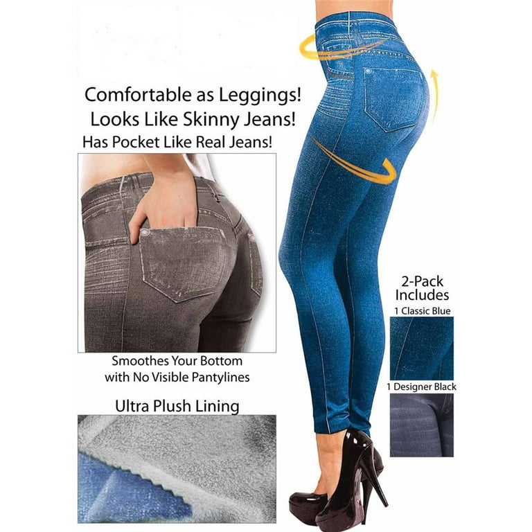 Leggings Fake Jeans for Womens with Pocket Slim Jeggings Fitness PluSize  Leggings Black(Not Denim) 