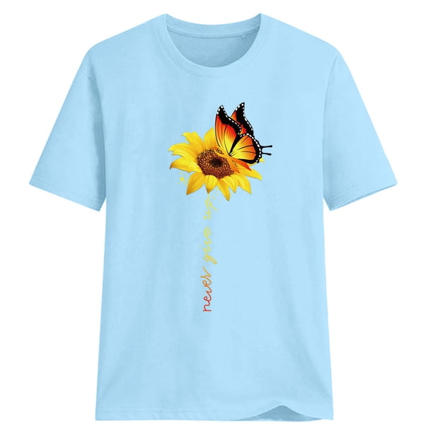 Butterfly Sunflower Camiseta de manga corta con estampado de girasol MABOTO Azul Blanco L