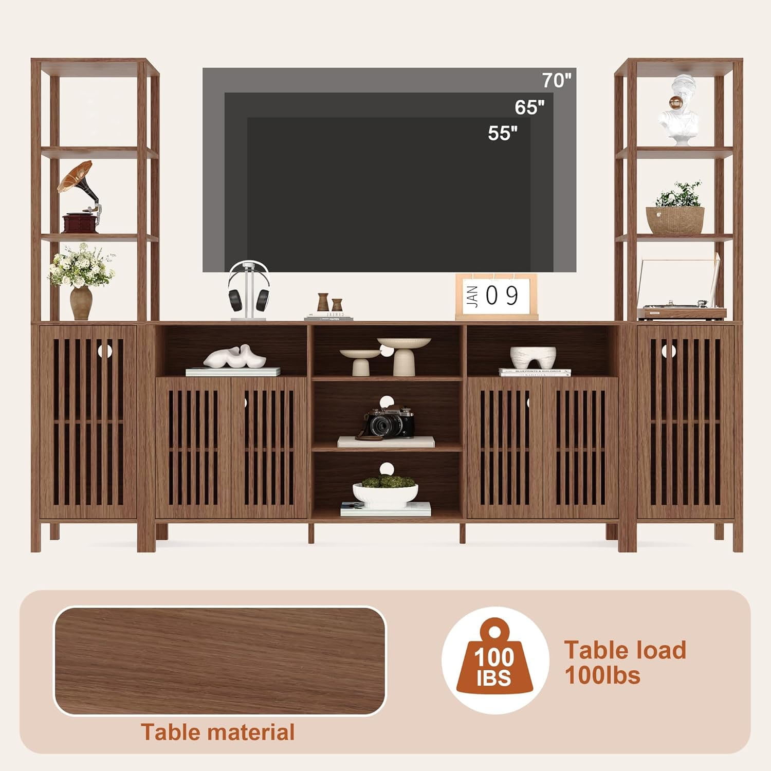 3-Piece Large TV Stand with Bookshelves, Farmhouse TV Stand for 70 Inch TVs, Multi-Functional Home Entertainment Center Modern Console Cabinet for Living Room Bedroom Home Theater