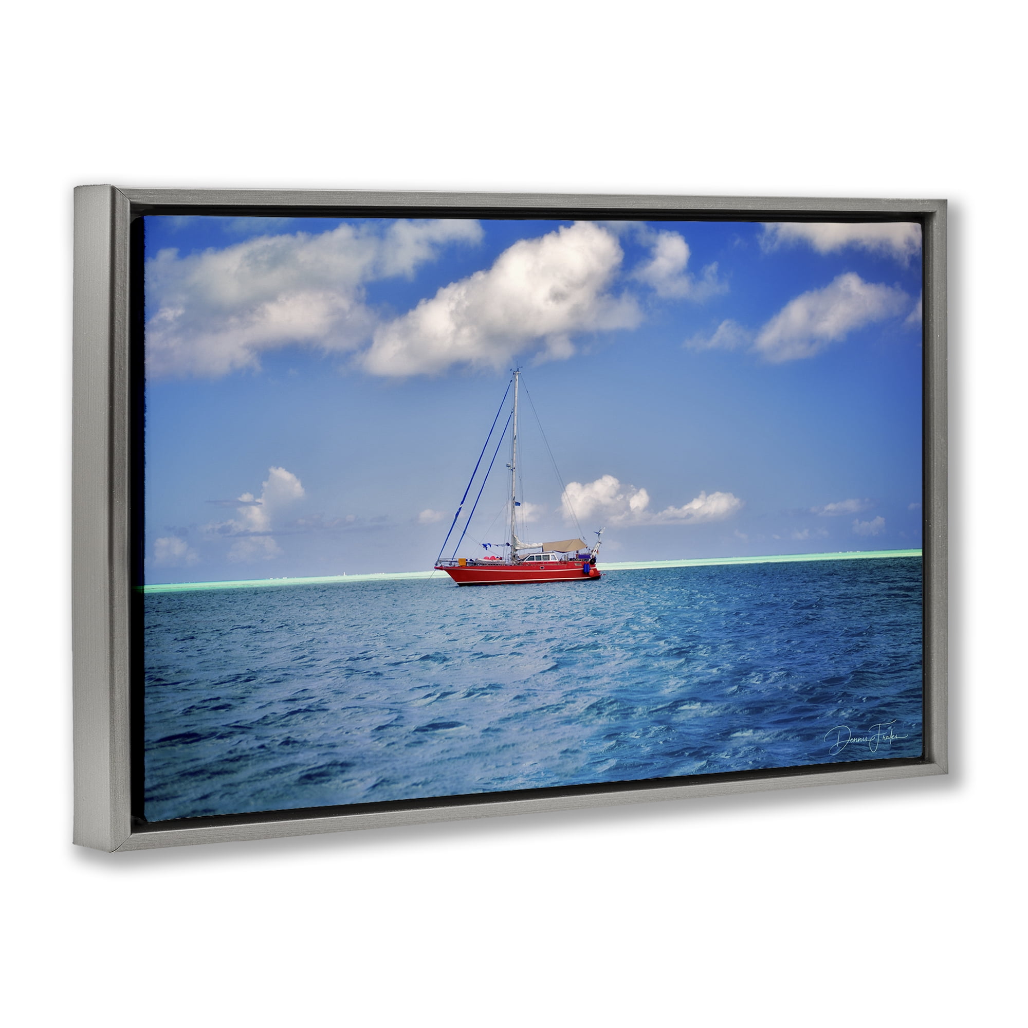 Stupell Industries Ship & Cloudy Sea Nautical & Beach Photography Gray Floater Framed Canvas Art Print Wall Art, 25 x 17