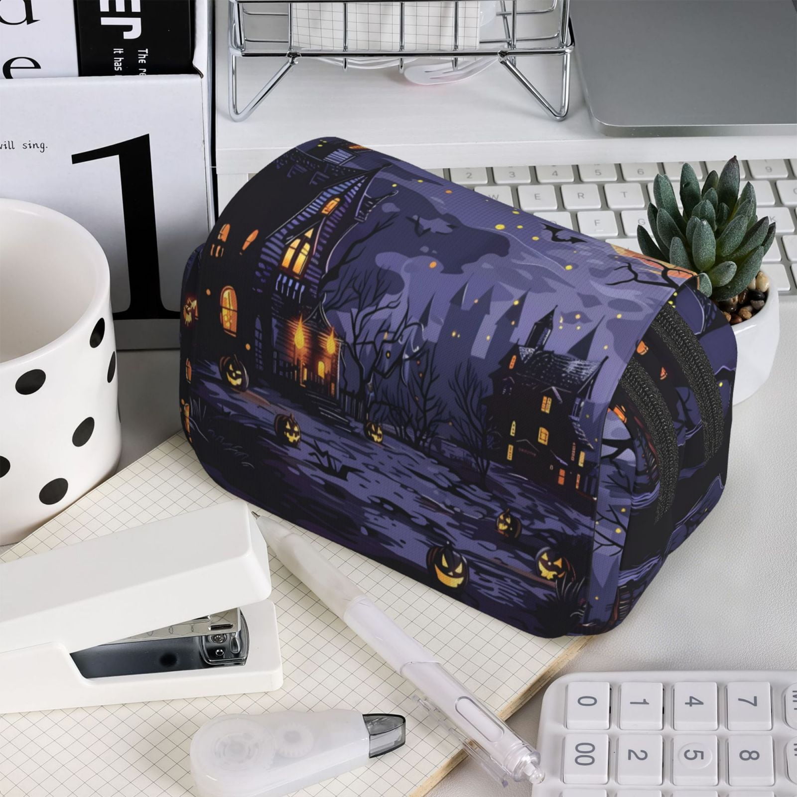 Rateoe Mystery House Halloween Night Pattern Double Clamshell Pen Case, Storage Organizer with Two Zipper Compartments– Holds Up to 50 Pencils & Pens