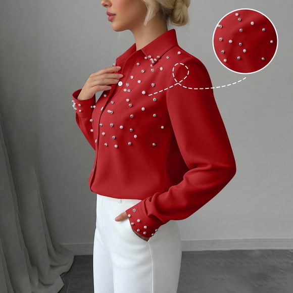 TaTaai Women's Office Shirt Long Sleeve Solid Color Pearl Button Collar Loose Fit Casual Blouse Fashionable Polyester Top Gift