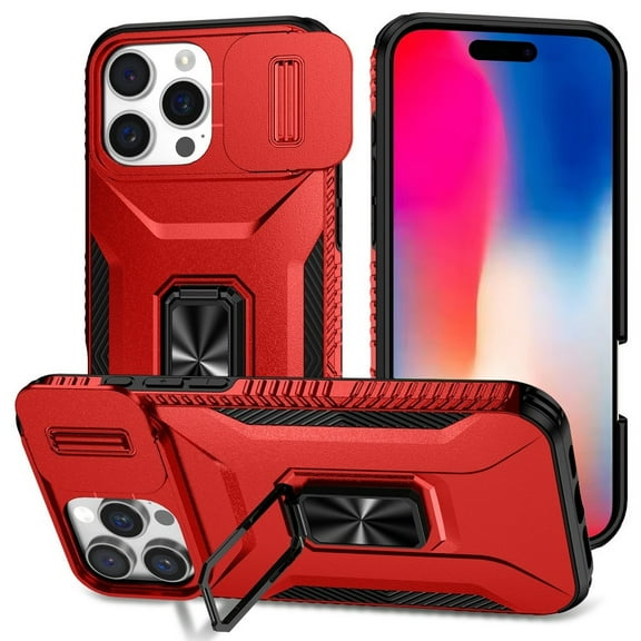 TJS for iPhone 16 Pro Phone Case, Impact Resistant Slide Camera Cover Shockproof TPU PC Lens Protection Metal Ring Magnetic Support Kickstand Cover (Red)
