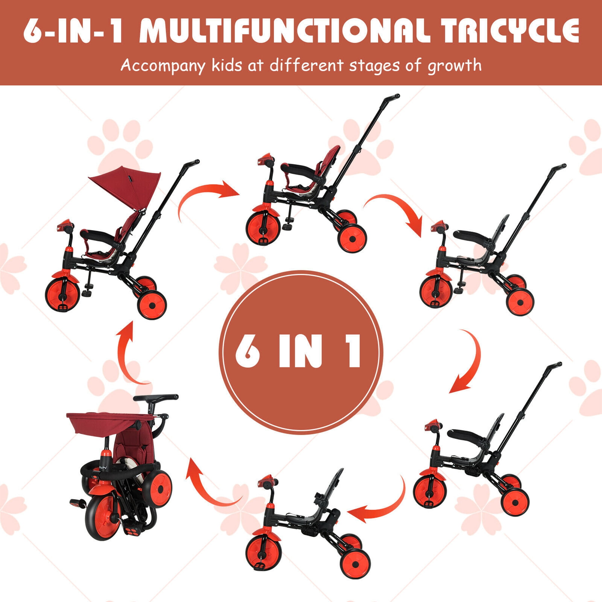 Gymax 6 in 1 Foldable Baby Tricycle Toddler Bike Stroller W Adjustable Handle Red Walmart