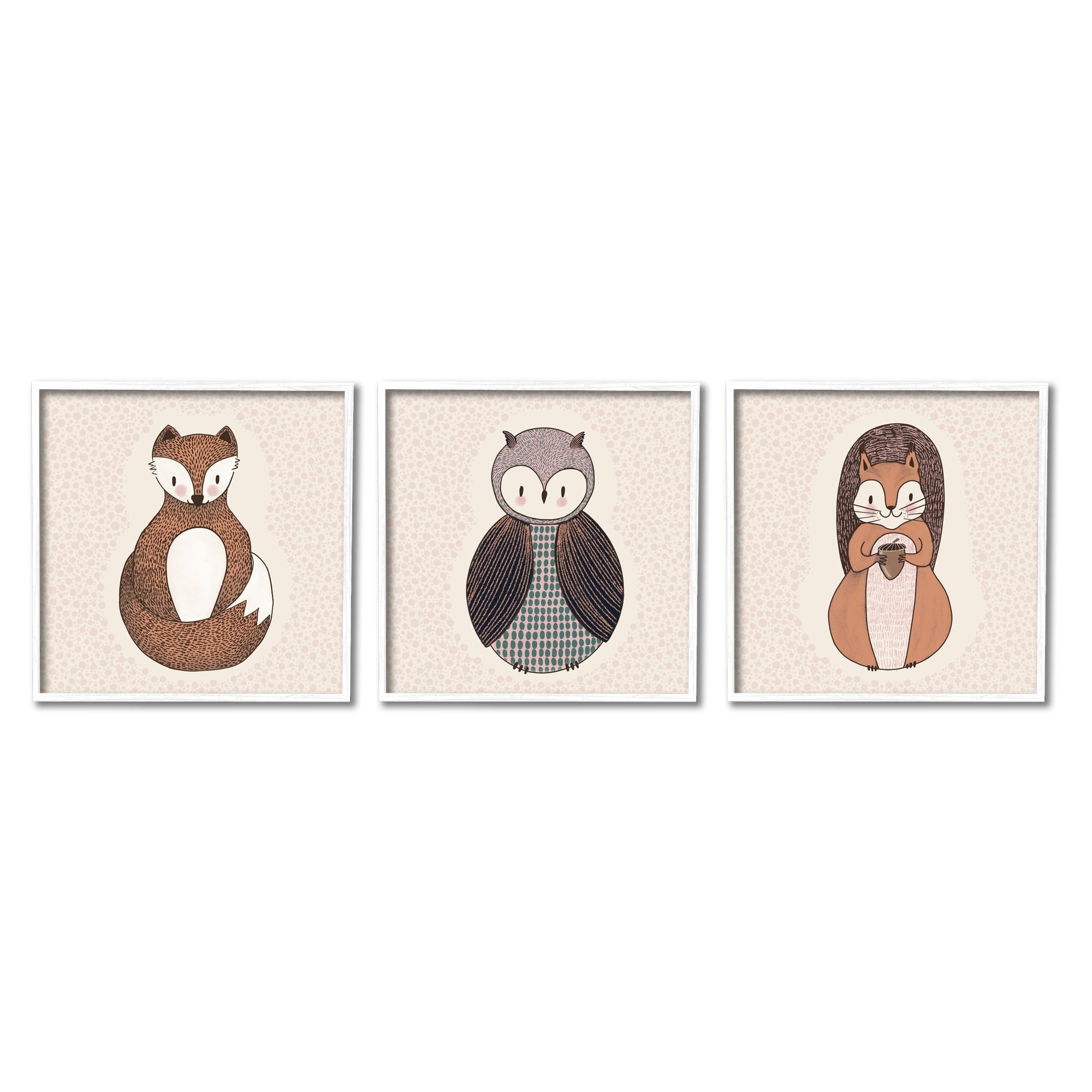 Stupell Industries Stylized Forest Animal Portraits Kids Owl Fox Squirrel Graphic Art White Framed Art Print Wall Art, Set of 3, Design by Birgit Maria Kiennast