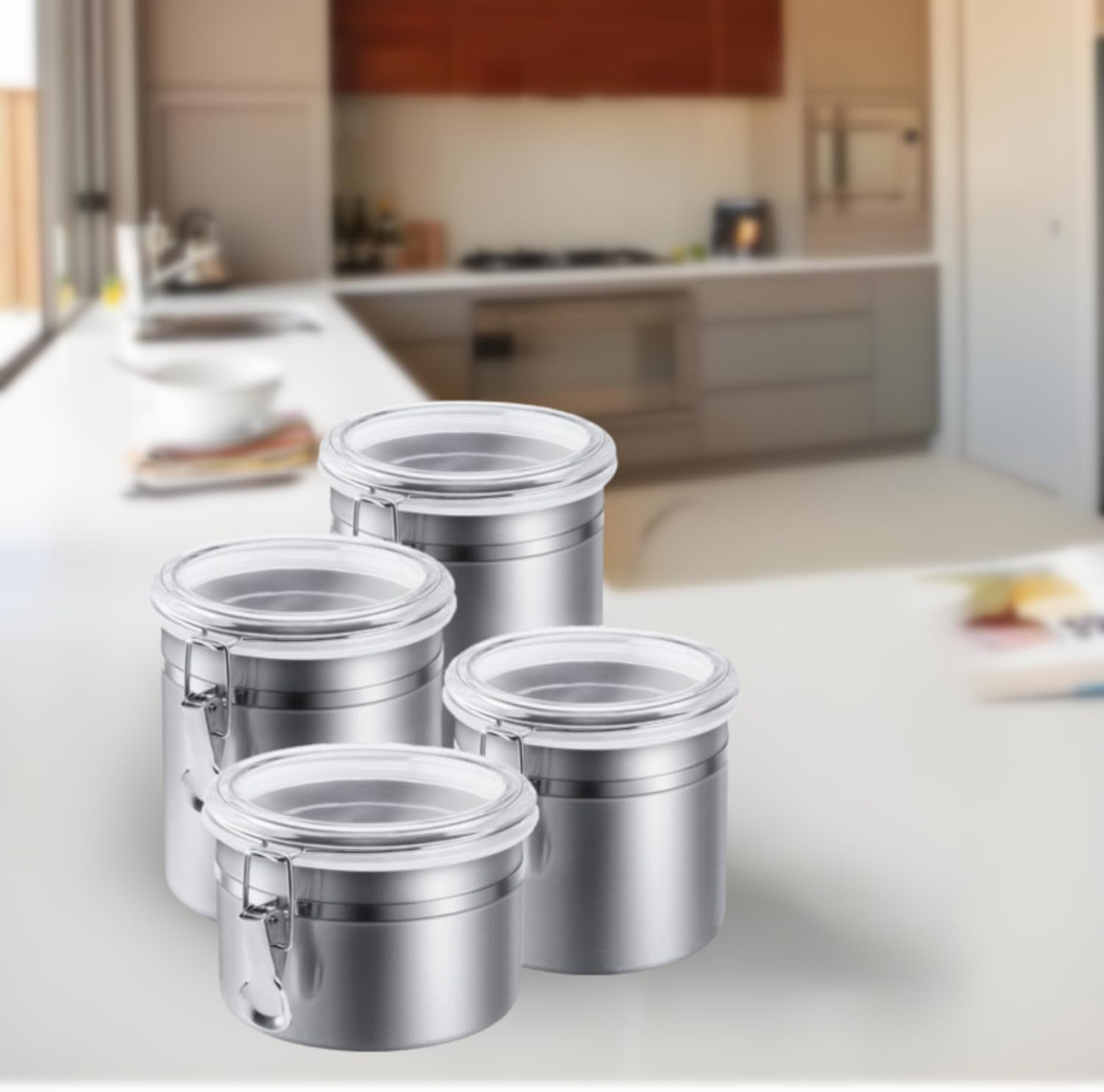 Jioakfa Set Of 4 Stainless Steel Canisters, Airtight Food Storage Canister Set With Clear Lid Kitchen Containers Sets For Coffee Bean, Cereal, Sugar, Flour, Tea, Candy, Cookie, Spice A