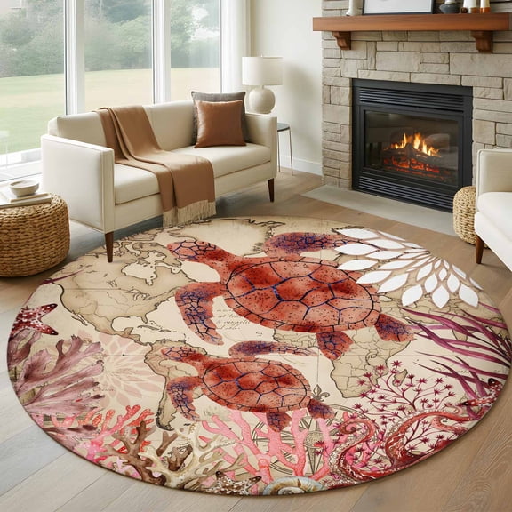 Ocean Red Turtles Round Area Rug 5Ft Washable Circle Rugs for Living Room Bedroom, Coastal Coral Seagrass Vintage World Map Non-Slip Carpet Floor Mats Indoor Outdoor Carpet Runner Home Decor