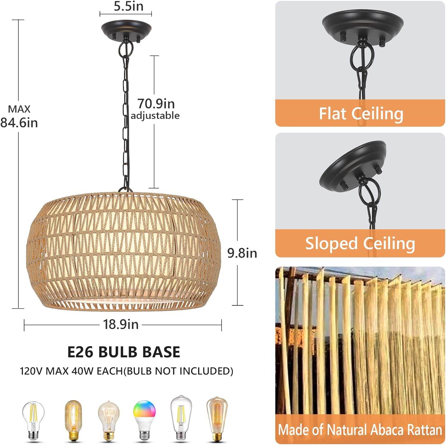 18.9" Rattan Farmhouse Chandelier - 5-Light Boho Pendant Light with Adjustable Height (18.9"W x 9.8"H)