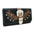 thumbnail image 1 of 7.5 x 4.5 in. Trifold Rhinestone Studded Buckle Wallet, Brown & Black, 1 of 1