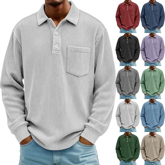 Men's Corduroy Polo Shirt Long Sleeve Striped Pockets Vintage Golf Top Business Casual Golf Shirt