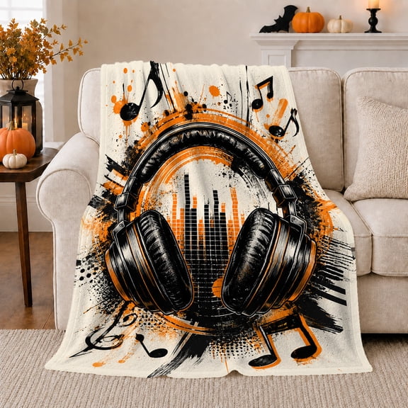 Black Headphones With Music Notes Orange Splatters Sound Wave Bars Sofa Pumpkins Lantern And Bat Grunge Music Art, Soft Flannel Blanket for Bedroom and Living Room