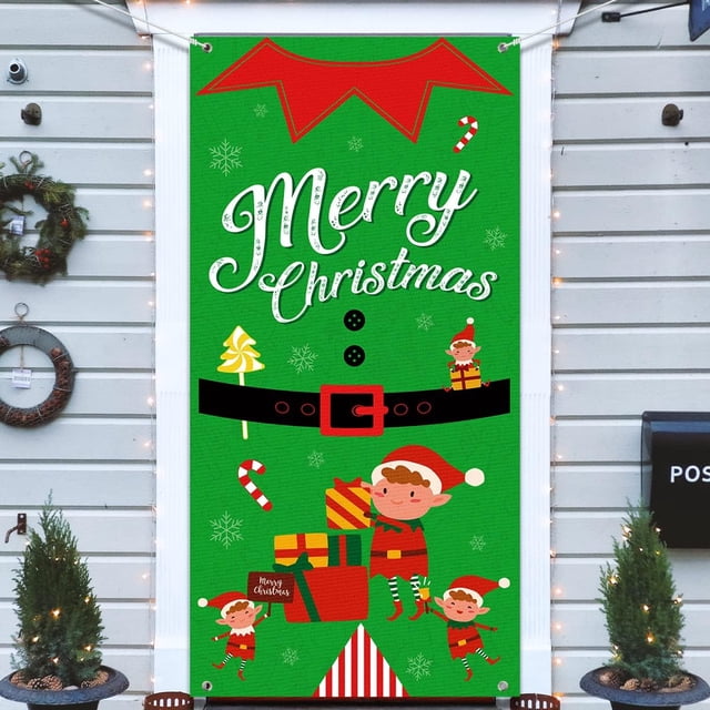 Jul dörrskydd Cover -God Jul Dörrhängande banderoll, Elf Christmas Supplies för 2022 Xmas Utomhusbakgrundsdekoration (grön)