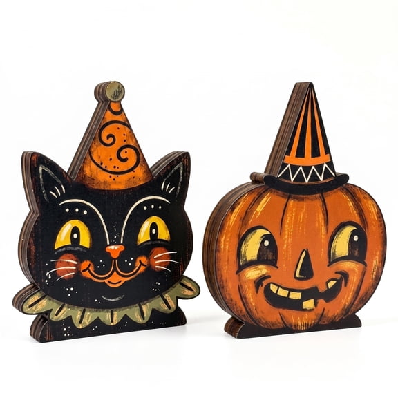 Wooden Halloween Decor Small Halloween Signs Indoor Decor Black Cat Pumpkin | Set Of 2 Vintage 4in Plywood Signs For Fireplace Mantel Tiered Tray Table Farmhouse Spooky Halloween Center Piece