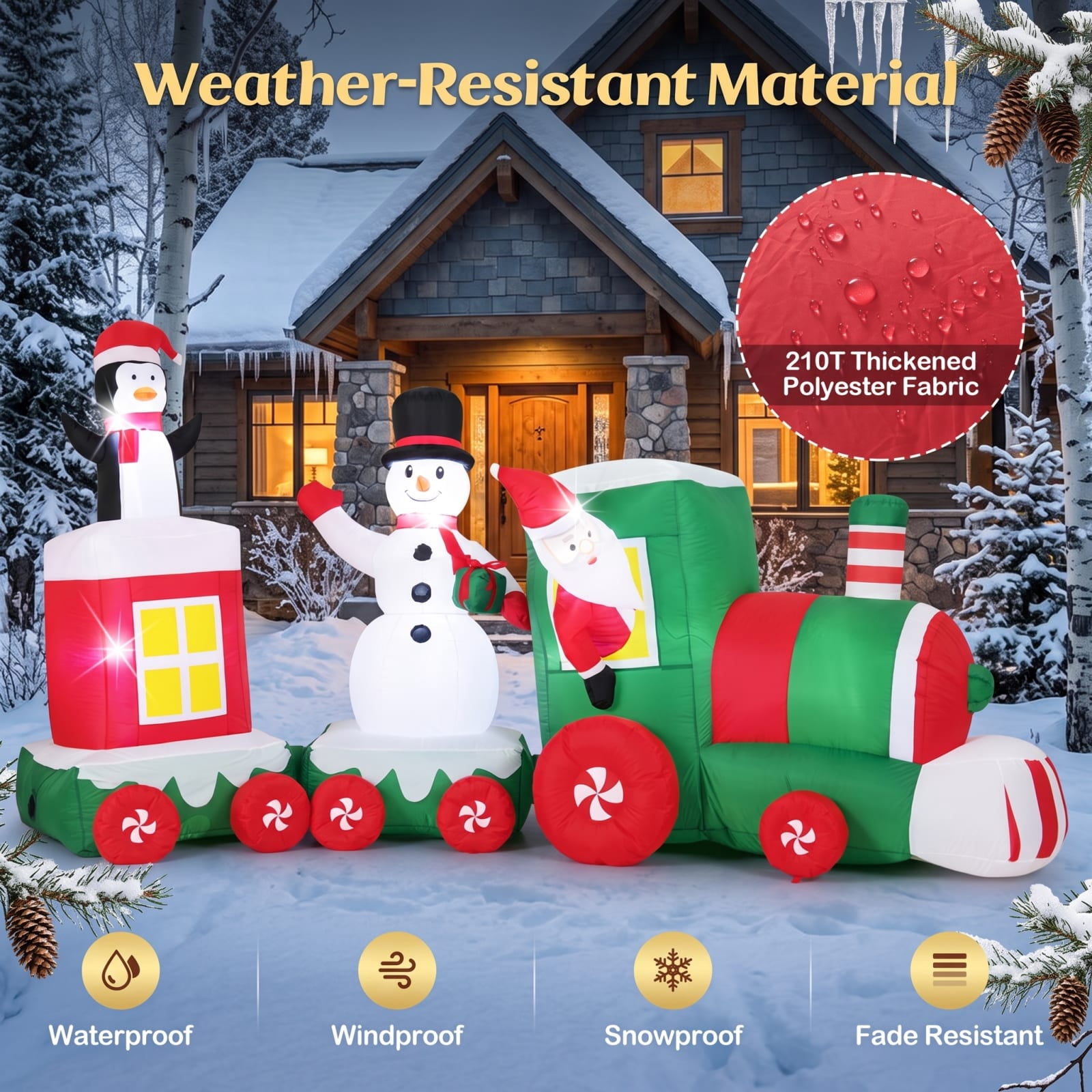RUIE 11.5 FT Christmas Inflatables Train, Blow Up Santa Driving Train with Snowman Penguin and LED Lights, Outdoor Yard Decor for Lawn - Multicolor