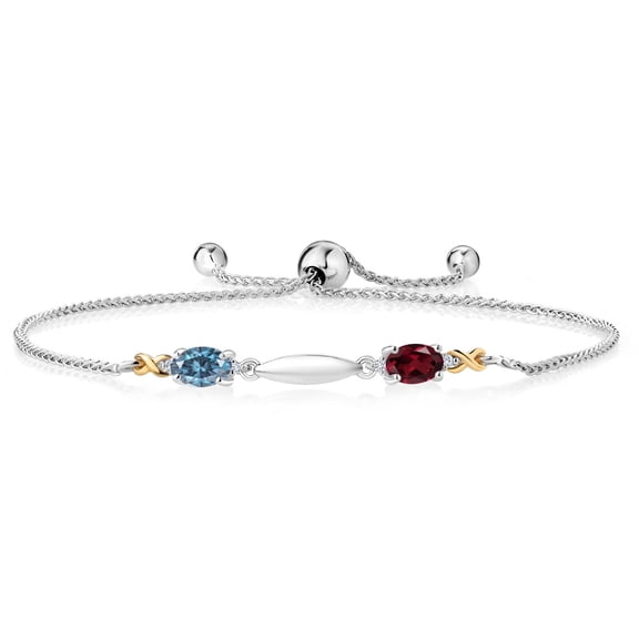 Gem Stone King 925 Silver and 10K Yellow Gold Bracelet for Women Persian Blue Moissanite Rhodolite Garnet (0.99 Cttw)