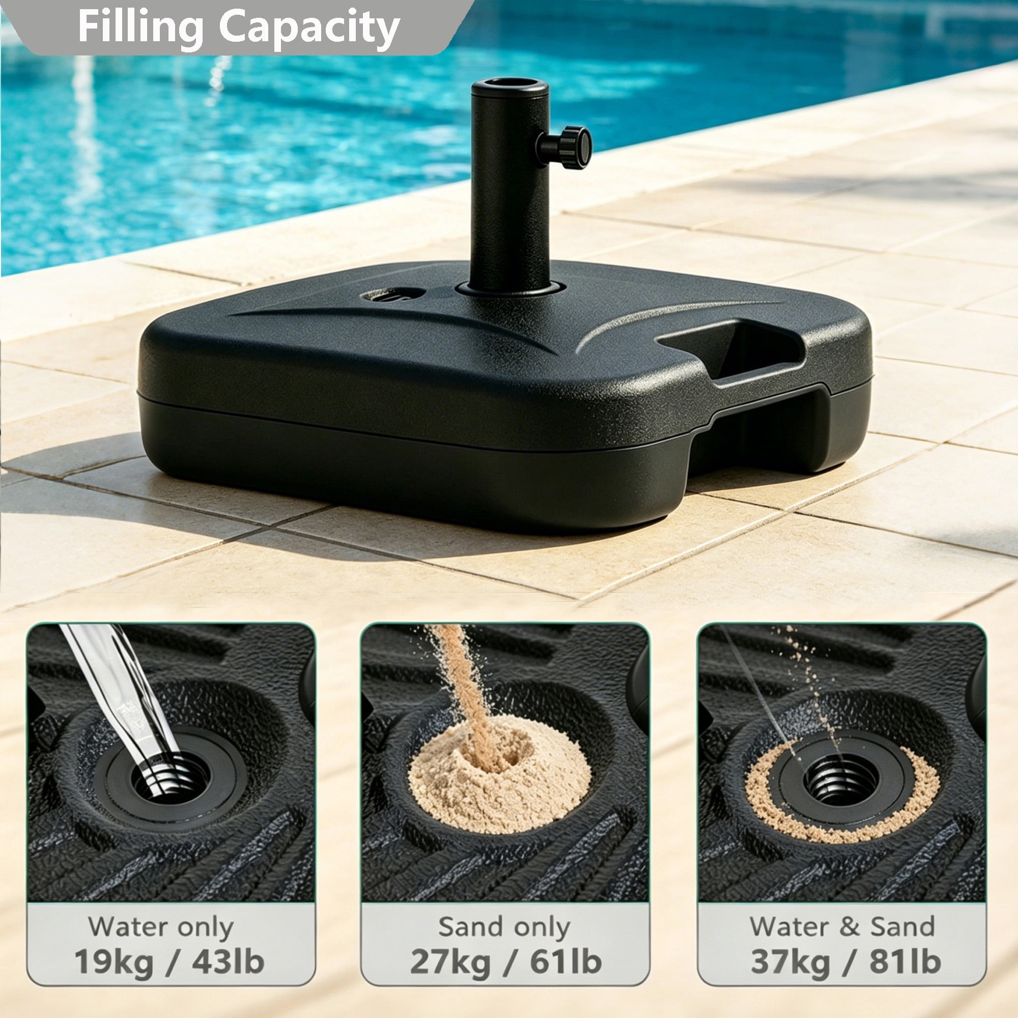 KOOL 81 lbs. Square Patio Umbrella Base, Water & Sand Fillable Heavy Duty Outdoor Market Umbrella Stand, Portable Weighted Umbrella Base for 6ft to 11ft Backyard Garden Patio Umbrellas
