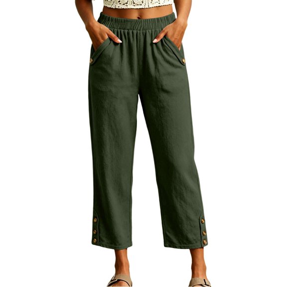 Liweisiy Capri Pants For Womens Loose Fit Elastic High Waisted Multi Color Trousers Casual Lightweight Pants Army Green 2XL