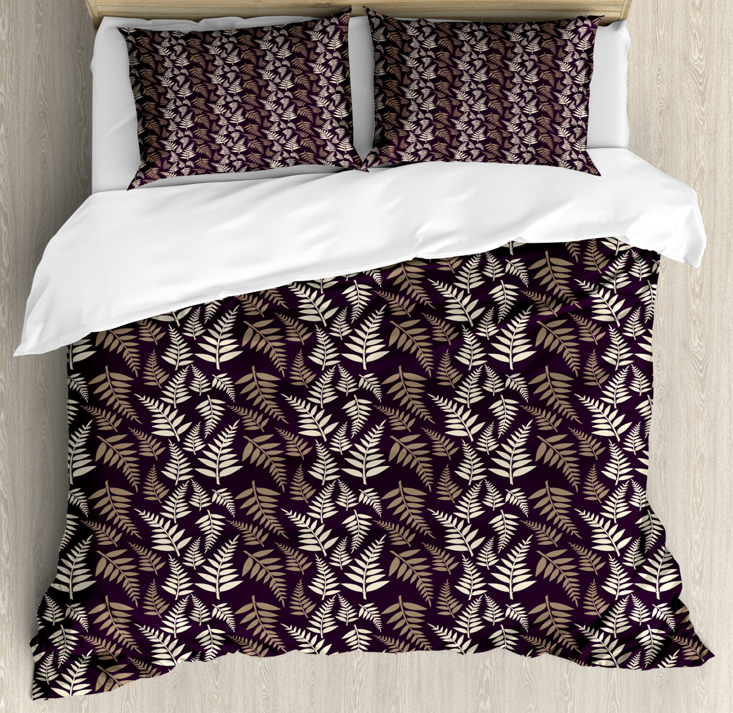 Art Deco Duvet Cover Set, Leaves Branch Random Alignment Vintage Effect on Purple Background