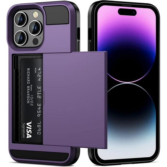 For iPhone 14 Pro Max Case Wallet Credit Card Holder ID Slot Sliding Door Hidden Pocket Men Women Anti-Scratch Dual Layer Hybrid Bumper Armor Protective Shell Back Cover GreyPurple 6.7 inch