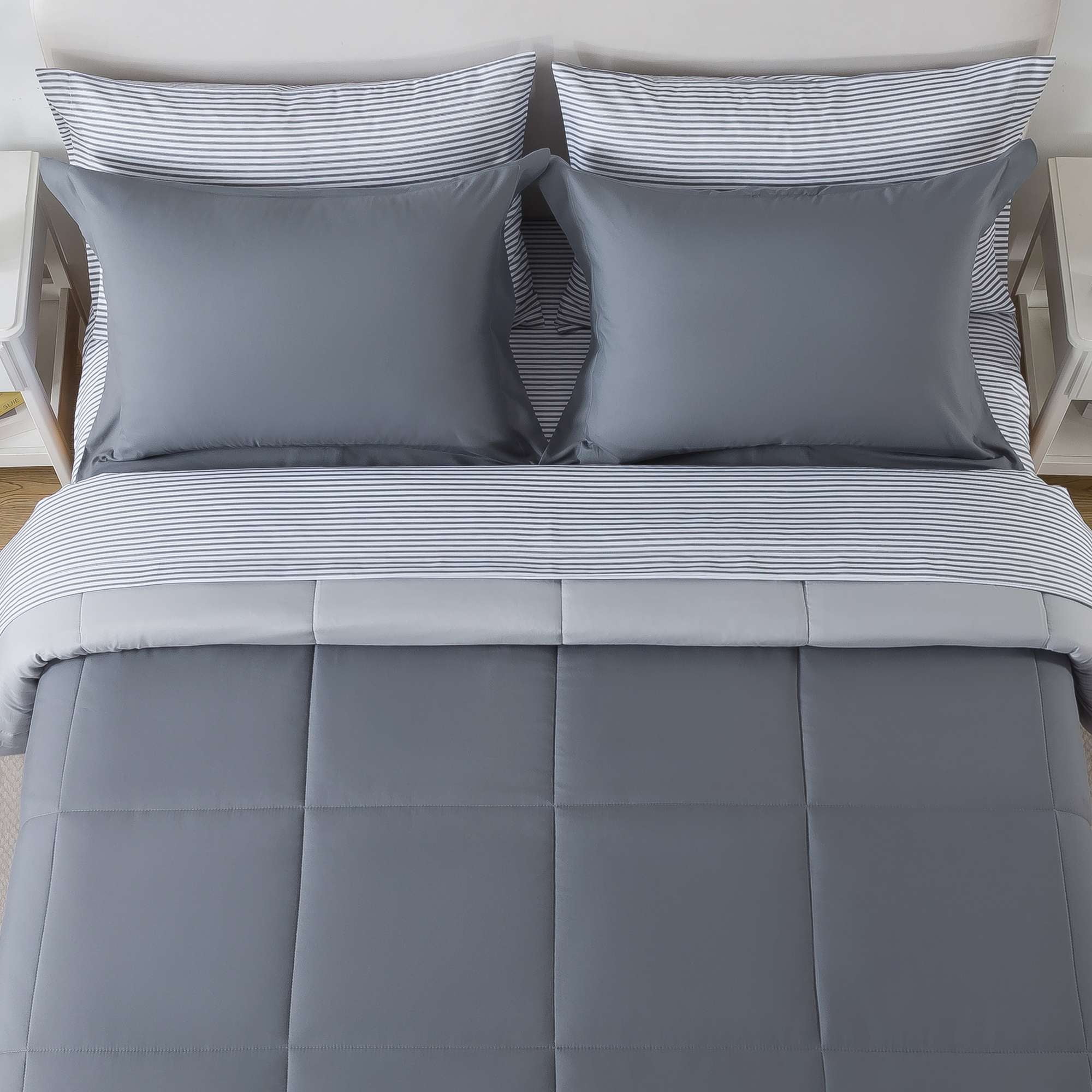 Mainstays All in One Reversible Comforter and Sheet Set, 7-Piece, King, Gray