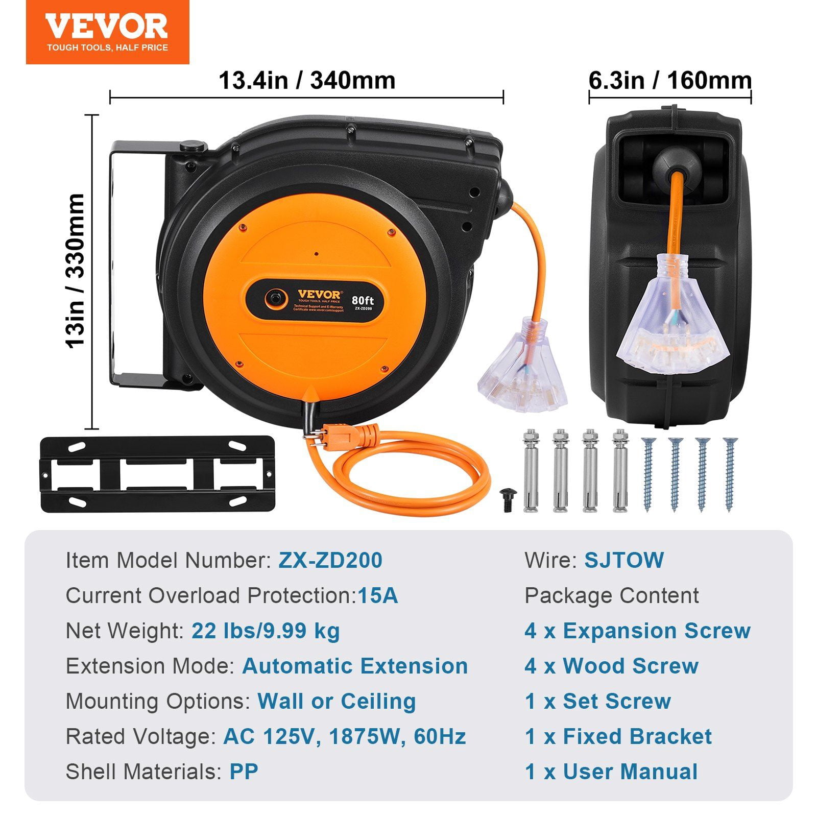 Heavy Duty Retractable Extension Cord Reel 80FT 12 Gauge 3C SJTOW for Workshop and Outdoor