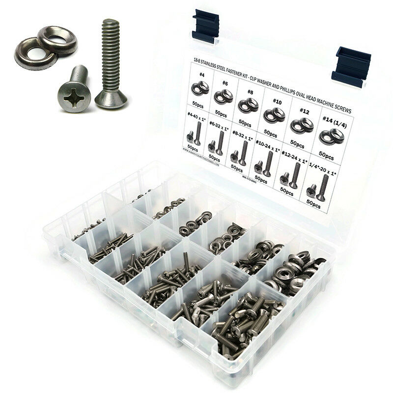 Stainless Steel Phillips Oval Head Machine Screw Kit with Cup Washers 601 pcs