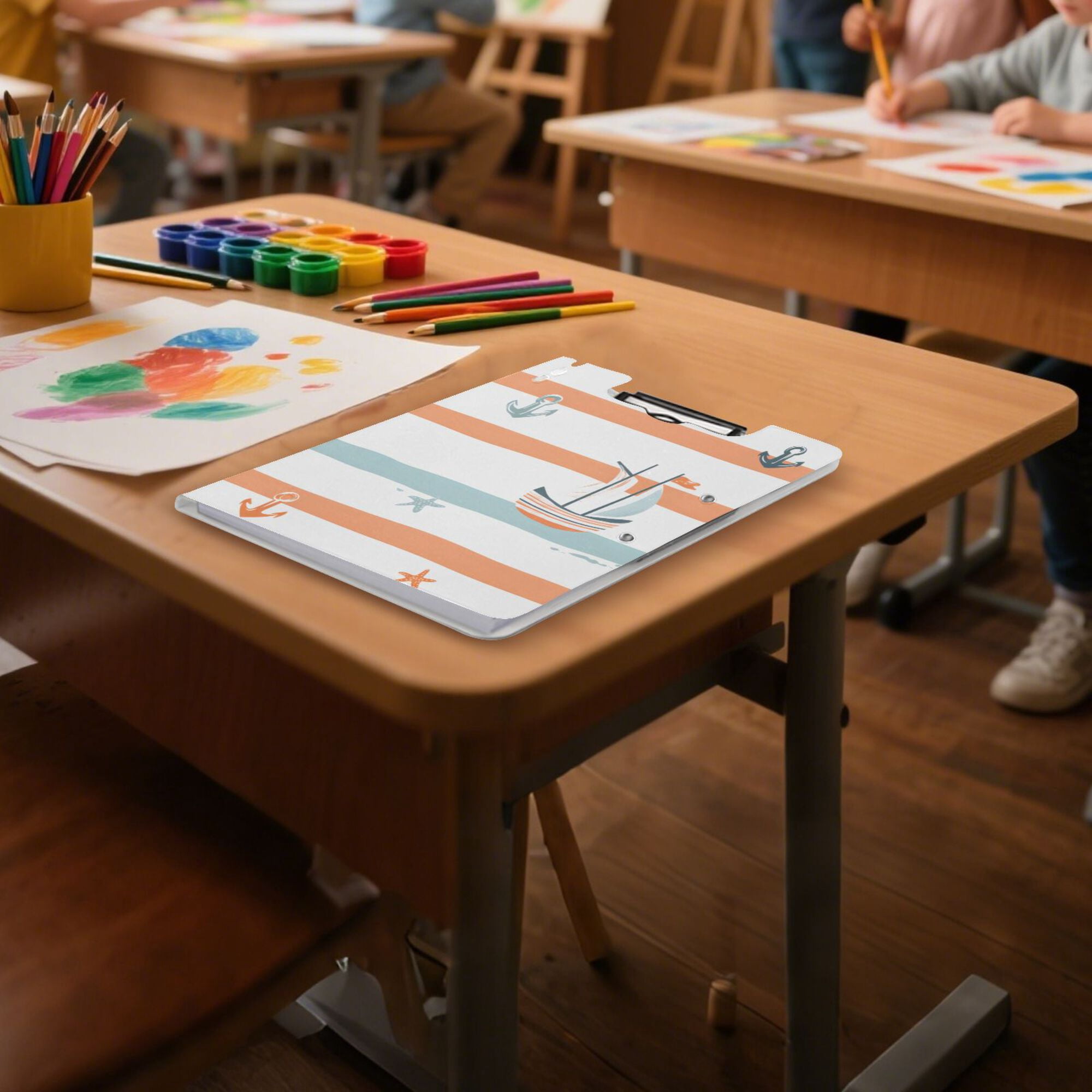 FORMRS A4 Clipboard Folder with Pen Holder Horizontal Foldable School Office Binder, Orange Nautical Pattern