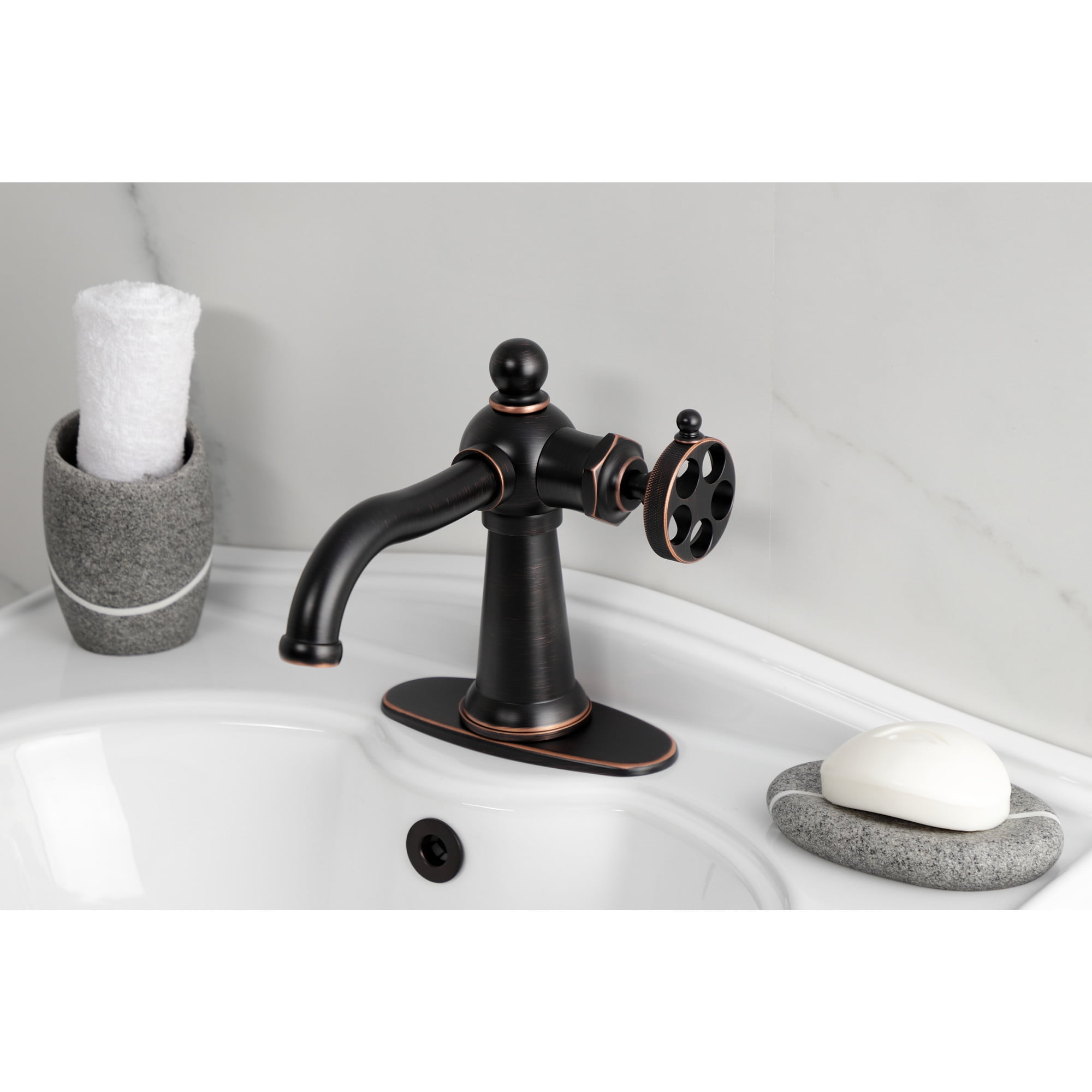 Kingston Brass KSD354RKZNB Wendell One-Handle Single-Hole Bathroom Faucet with Knurled Handle and Push Pop-Up Drain, Naples Bronze
