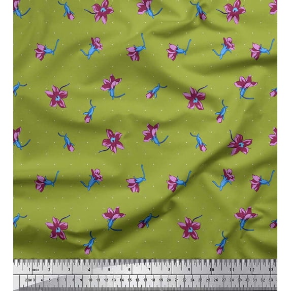 Soimoi Moss Georgette Fabric Dot & Wildflower Floral Print Fabric by Yard 42 Inch Wide