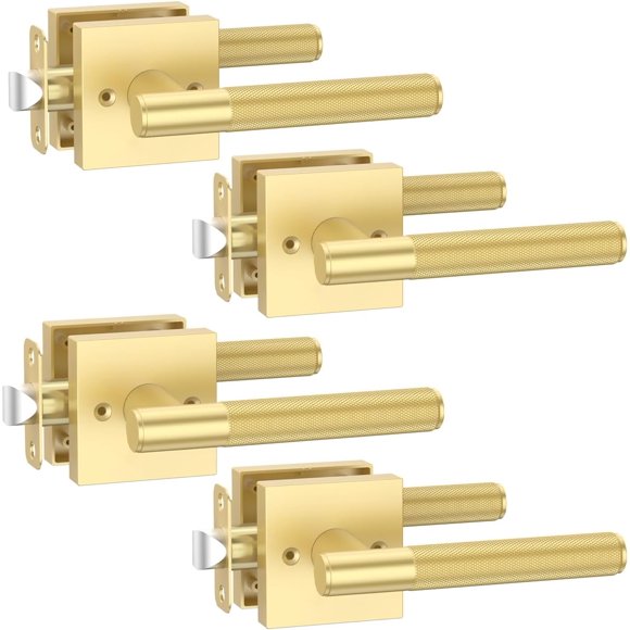4 Pack Passage Gold Door Handles, Door Lever with Door Knobs Indoor for Bedroom or Bathroom, Heavy Duty Brushed Gold Door Handles Interior with Locks for Left Right Sided Doors