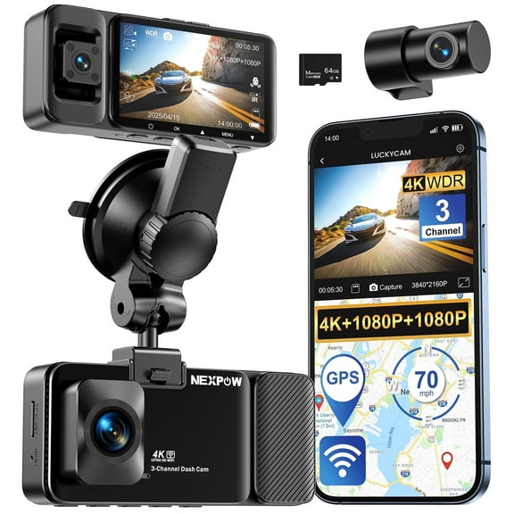 NEXPOW 3 Channel 5G WiFi Dash Cam Front Rear Cabin, 4K 1080P 1080P GPS Dash Camera for Car with 64GB Card,WDR Night Vision,24H Parking Guard,Loop Recording,G-sensor