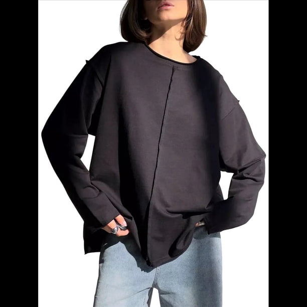 Camisetas de Larga Extragrandes para Mujer, Camisetas Básicas de Cuello Redondo, Tops de Otoño, Ropa Informal de Entrenamiento Y2K. Negro L