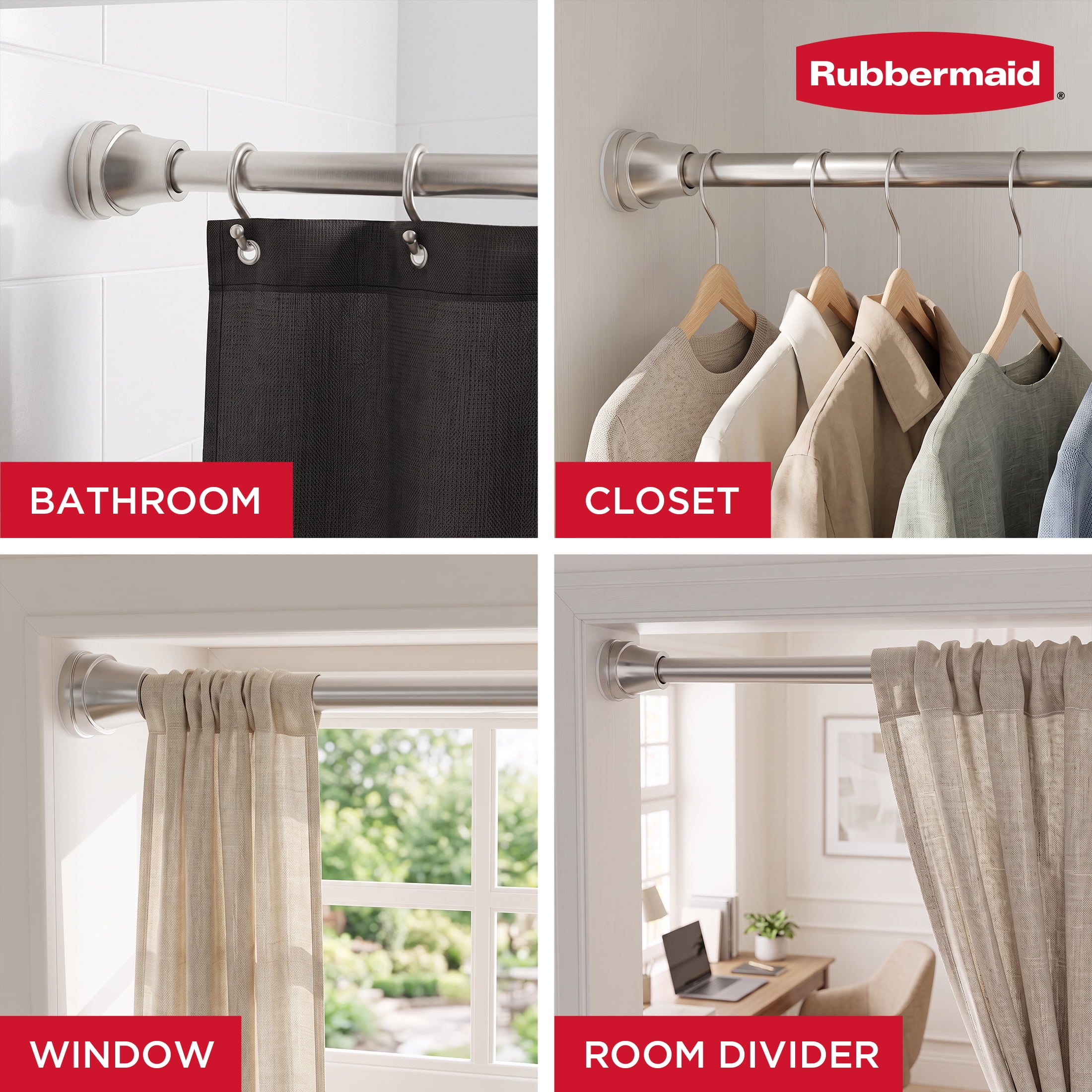 Rubbermaid No Drill Tension or Wall Mount 44" to 72" Adjustable Shower Curtain Rod, Rustproof Stainless Steel, Brushed Nickel