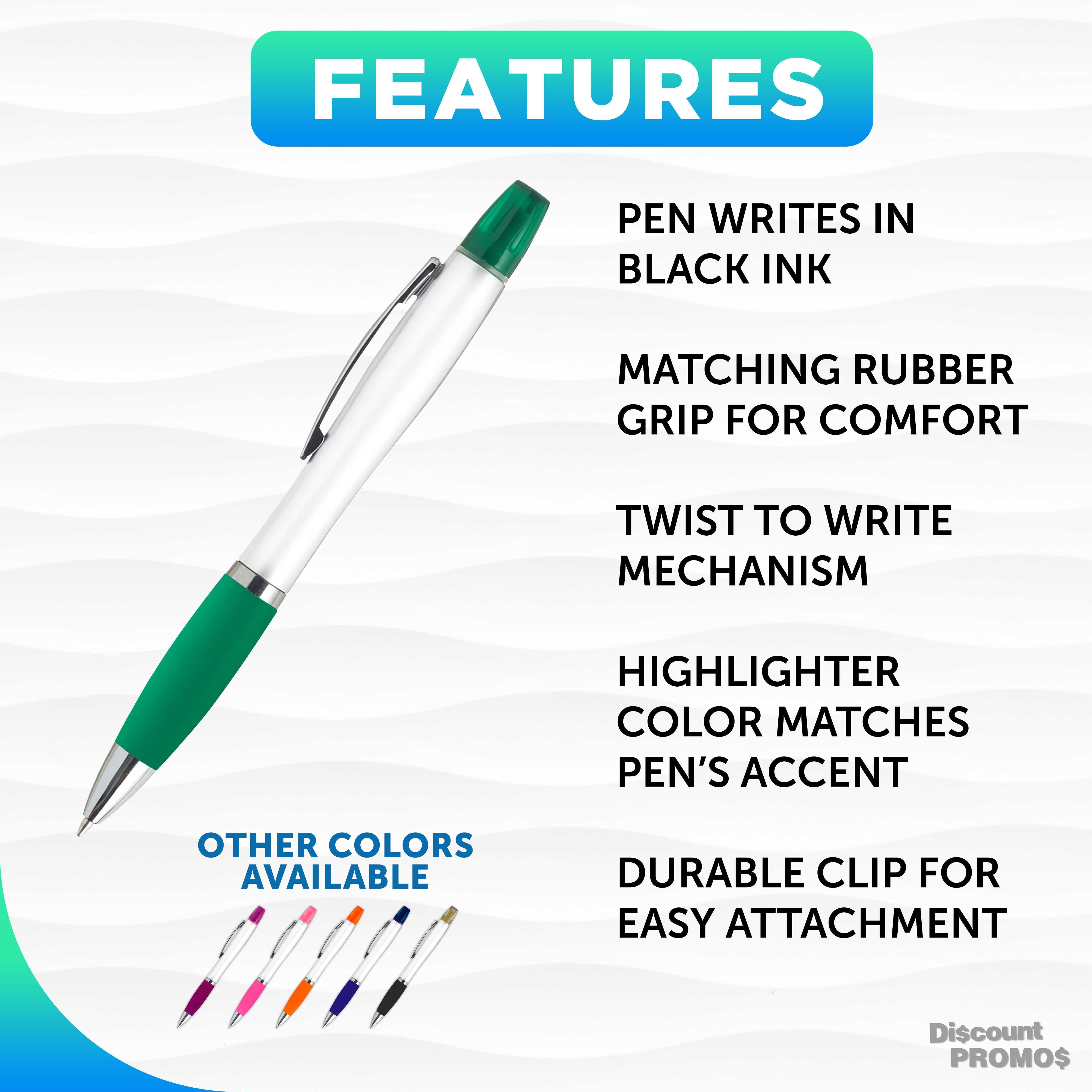 10 Plastic Highlighter Pens Pack - Rubber Grip, Black Ink - Green