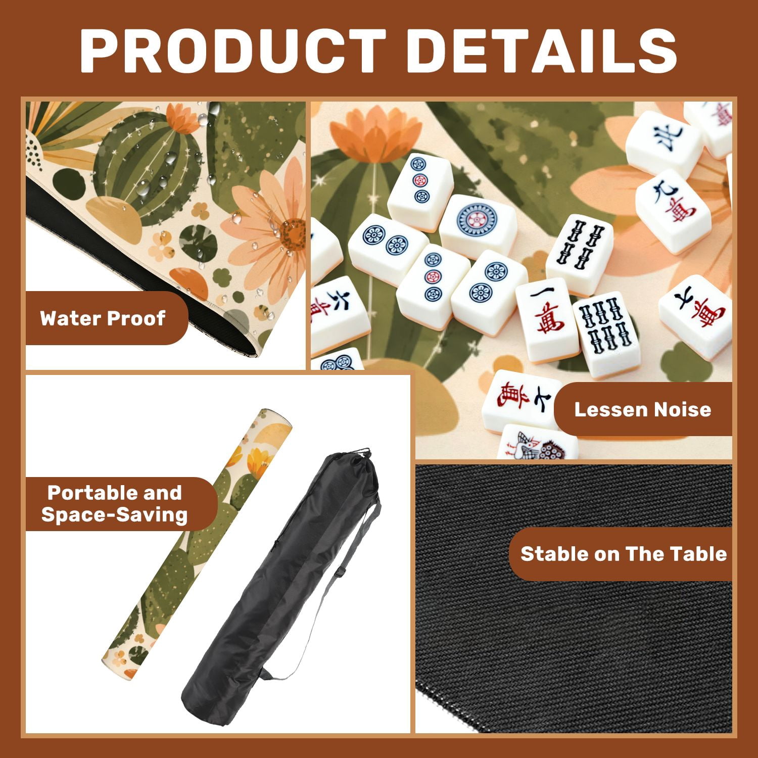 Mahjong Mat 31.5" x 31.5" Abstract Cactus Floral Earthy Orange Green Palette Non-Slip Noise Reduction American Mahjong Tiles Table Cover for Dominoes Poker Card Board Games Gift