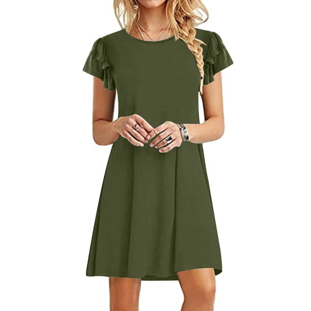 Puntoco Vestido De Mujer Con Volantes Y Mangas De Pétalos, Cuello Redondo, Dos Bolsillos, Verde Militar, Xl,Regalos Para Mujer Joven