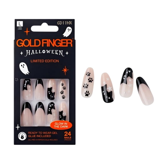 Goldfinger Limited Edition Halloween Instant Gel Nail 24 Set - Black Magic, Peeping Cat Stars and Paws Glow in the Dark Press On Nails Spooky Designs