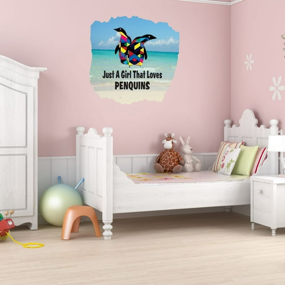 Watercolor Decal Just A Girl That Loves Penguins Living Room Wall Decal for Family Colorful Bird Animals Sea Background Art Cute Themed Room Décor - Size: 10 In x 10 In