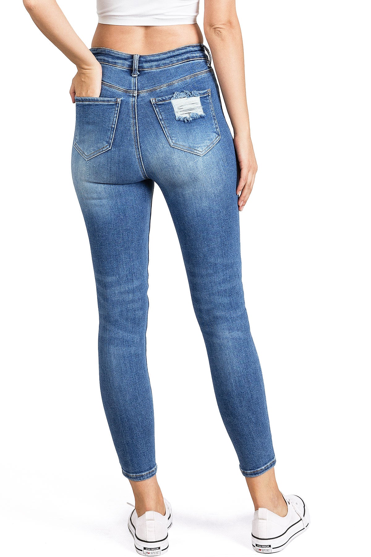 Wax Jean Women's Juniors Distressed High Rise Ankle Skinny Jeans (0, Medium Denim) - image 3 of 5