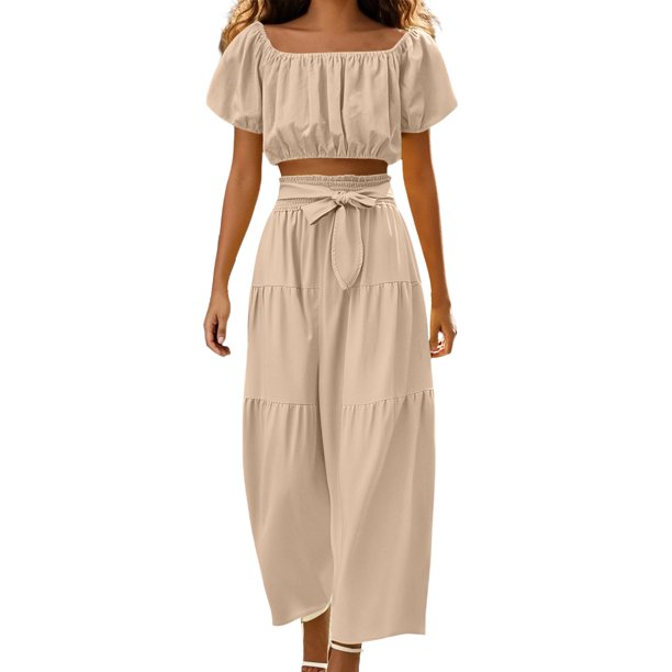 Conjunto moderno para el día: top con cuello cuadrado y mangas abullonadas y pantalones de pierna ancha - Poliéster - Ropa informal/de vacaciones