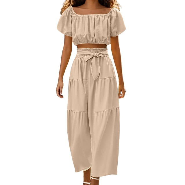 Conjunto moderno para el día: top con cuello cuadrado y mangas abullonadas y pantalones de pierna ancha - Poliéster - Ropa informal/de vacaciones