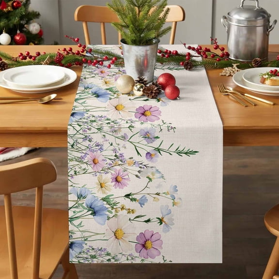 Table Runner 72 Inches Long - Watercolor Natural Blossom Floral Decorative Table Scarf, Garden Flower on Linen Dining Table Runners for Wedding Party Kitchen Dining Tables