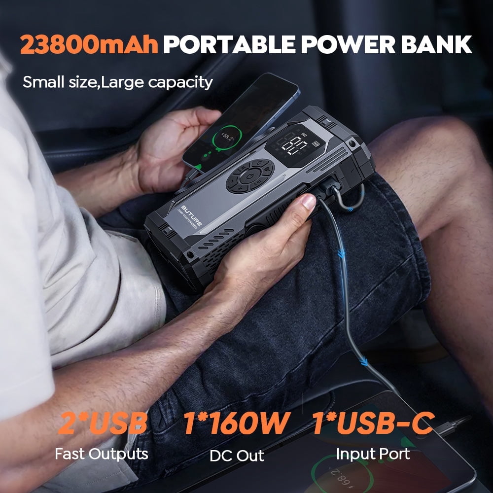 BUTURE 5000A Car Jump Starter with Air Compressor, 150PSI, Portable 12V Battery Booster for All Gas/10L Diesel, LCD Screen, LED Light