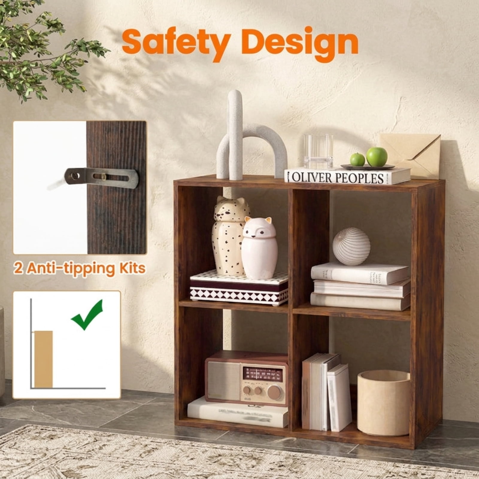 Furnibear 4-Cube Bookshelf with Back Guardrail Reinforced Crossbar and Anti-Tipping Kits for Living Room and Bedroom Books and Boxes, Coffee, Brown