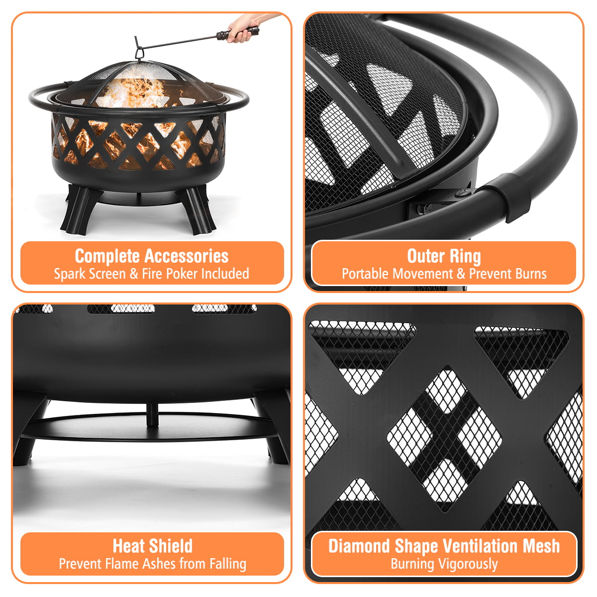 Steel Fire Pits for Outside with Adjustable Grill Pan Retro Hollow Design Spark Screen Poker Easoger 30 Heavy Duty Outdoor Fire Pit Outdoor Cooking Hook Fire Pit Outdoor Wood Burning 