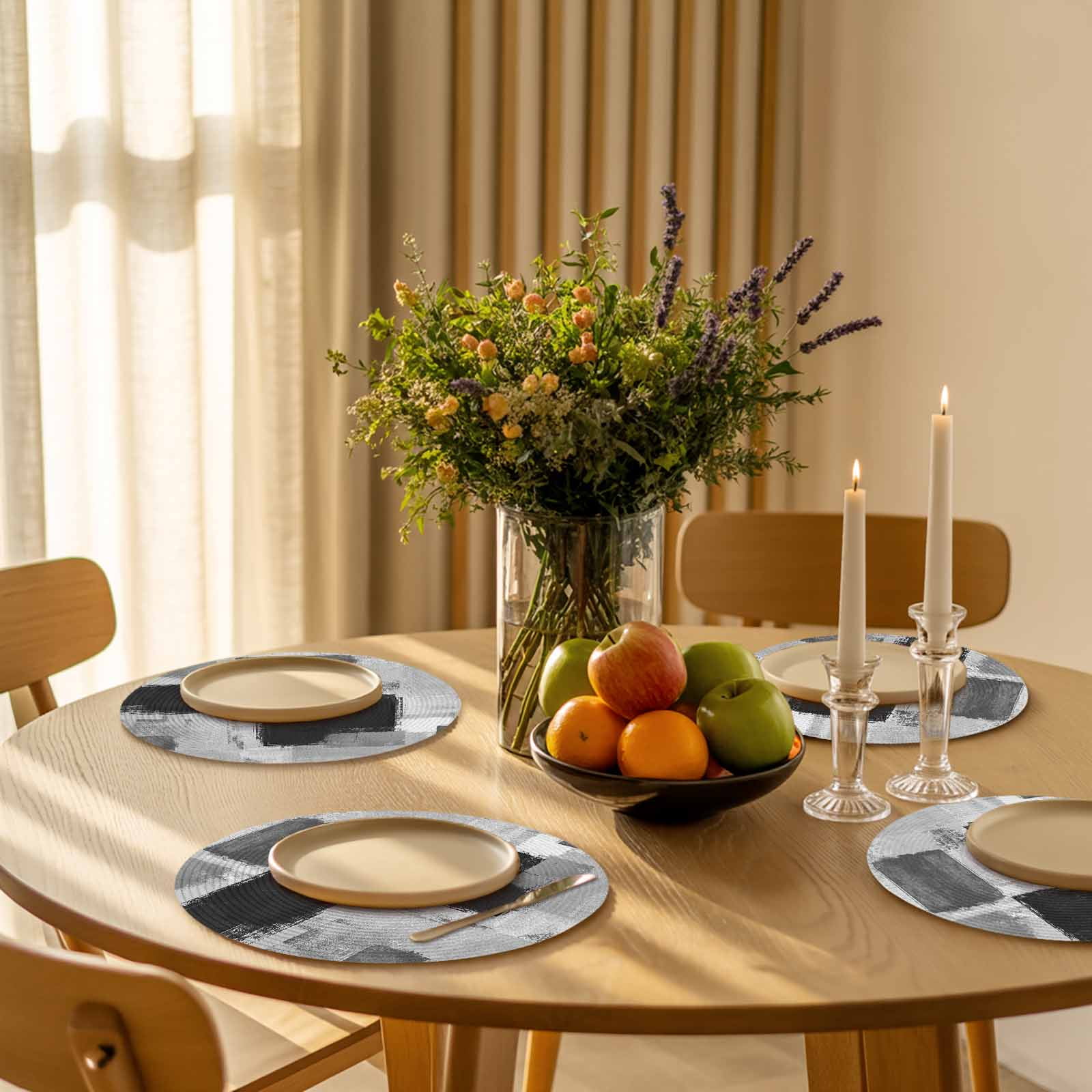 Abstract Vintage Round Table Placemats set of 8, Art Oil Painting Texture Washable Woven Place Mats for Dining Tables Kitchen Party Decor,Heat Proof, 15in, Black Gray